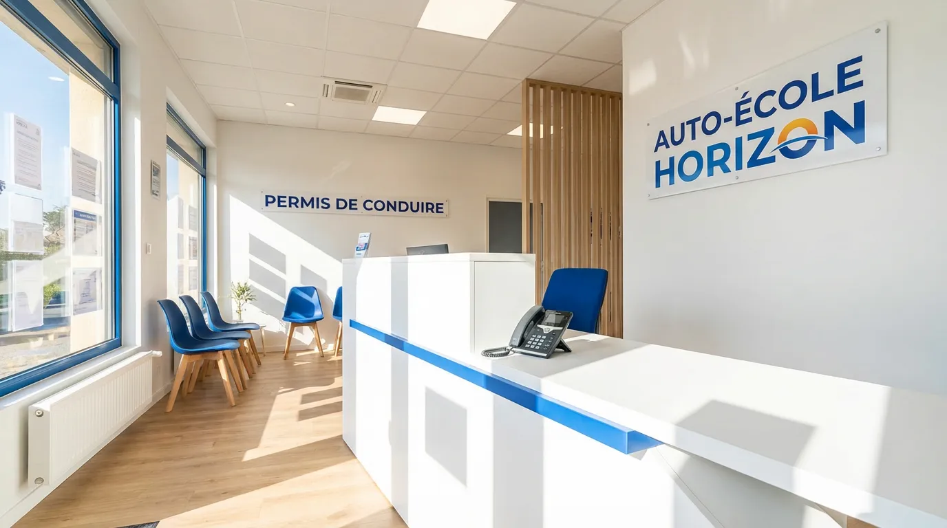 Accueil d'une auto-école moderne avec téléphone et bureau lumineux