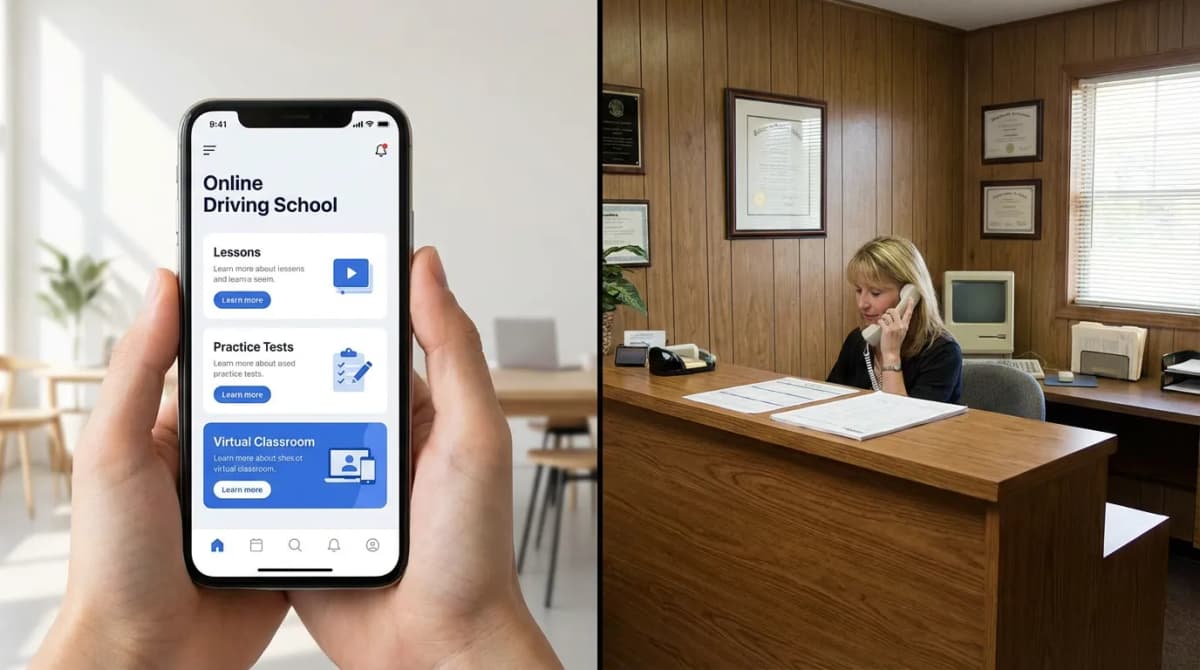 Écran partagé entre une application mobile et un bureau d'auto-école traditionnelle
