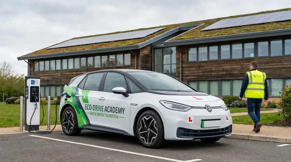 Véhicule électrique d'auto-école branché à une borne de recharge entre deux leçons