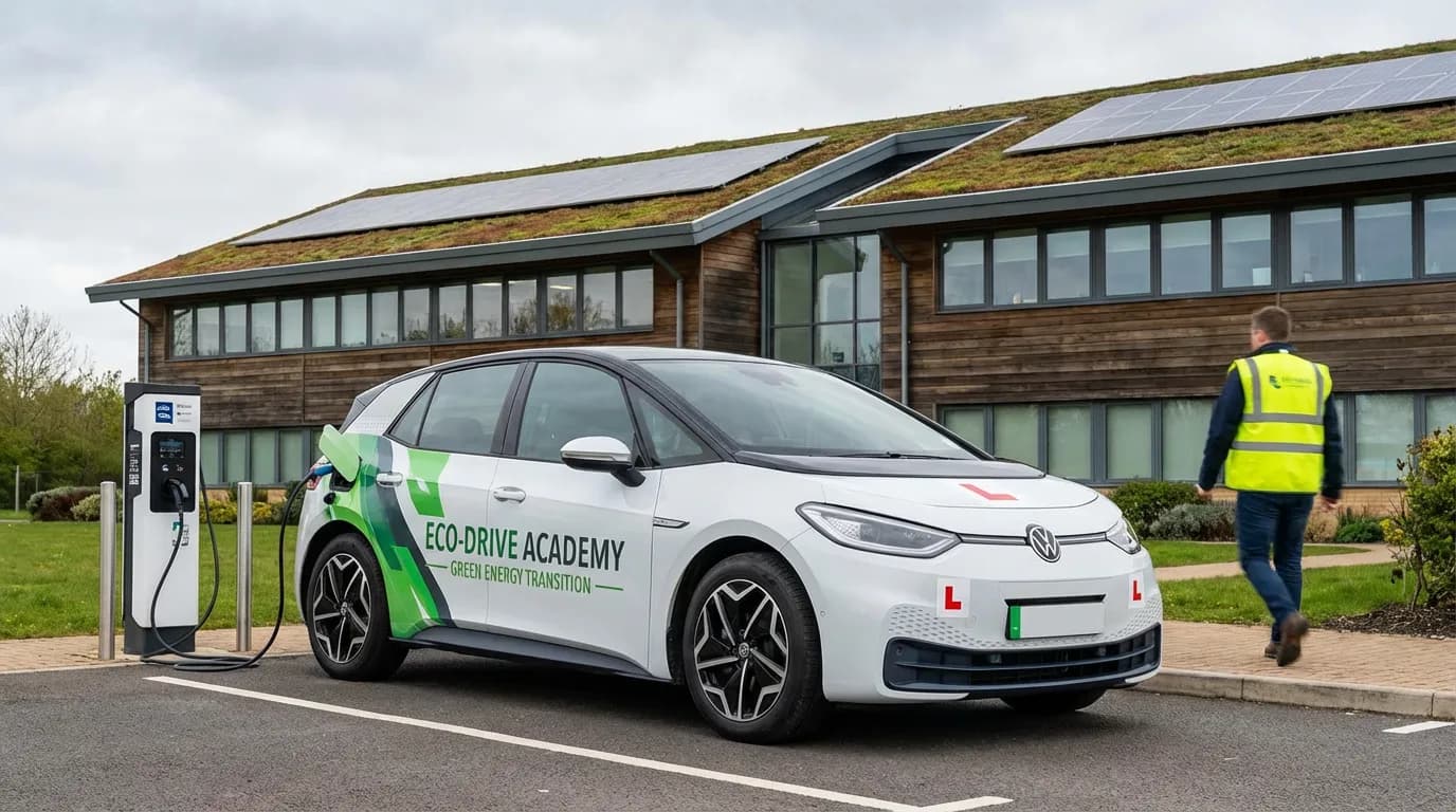 Véhicule électrique d'auto-école branché à une borne de recharge entre deux leçons