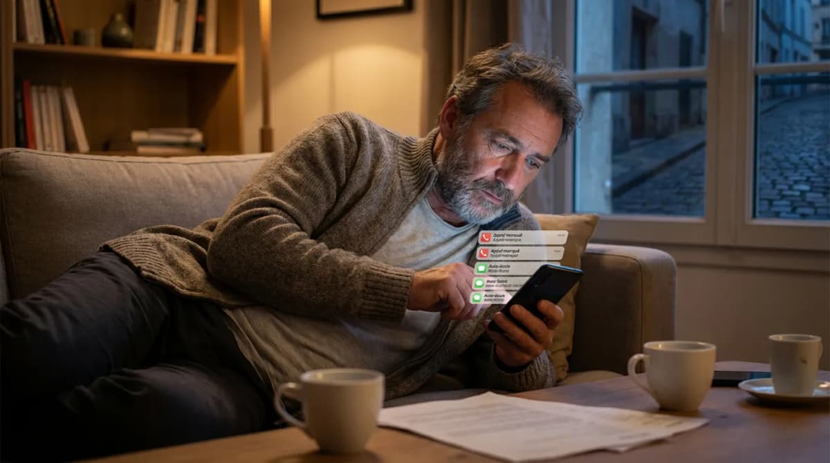 Gérant d'auto-école consultant son téléphone le soir pour gérer les appels clients