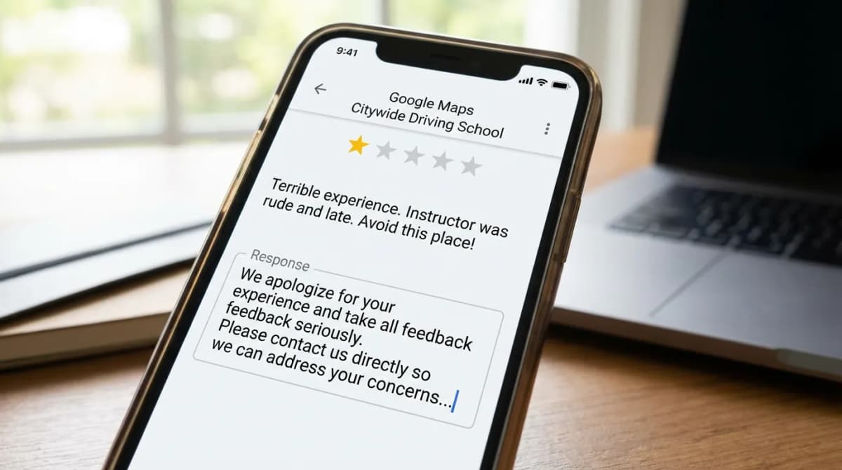 Écran de smartphone affichant un avis négatif Google avec une réponse professionnelle