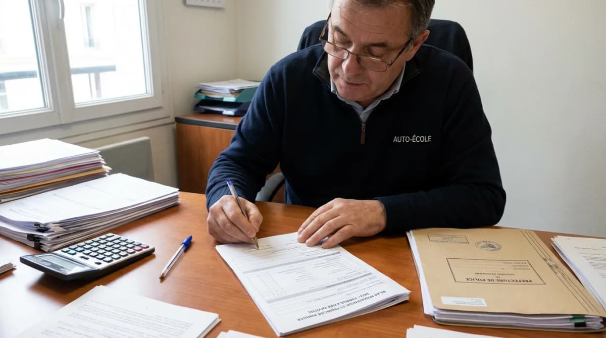 Gérant d'auto-école remplissant son bilan pédagogique et financier annuel