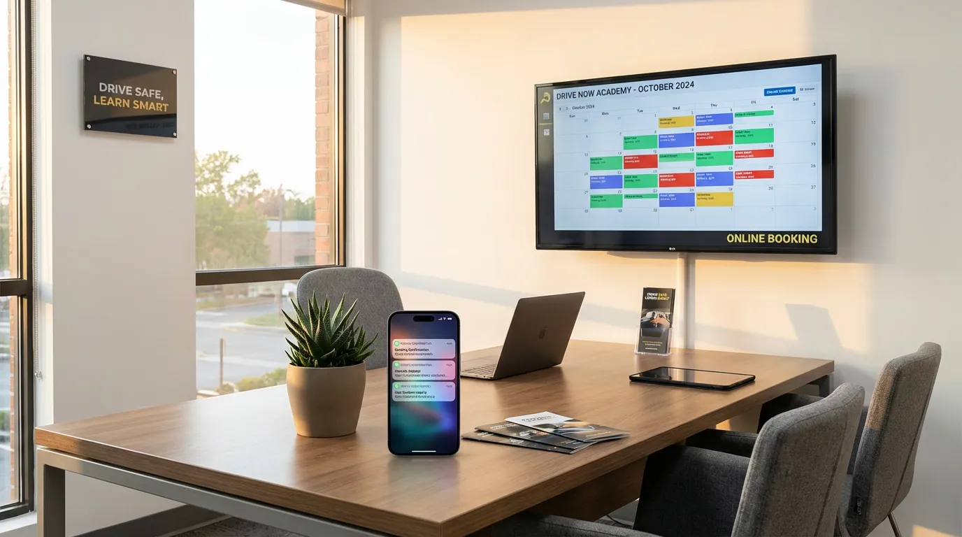 Bureau d'auto-école moderne avec écran affichant un tableau de bord numérique et un smartphone