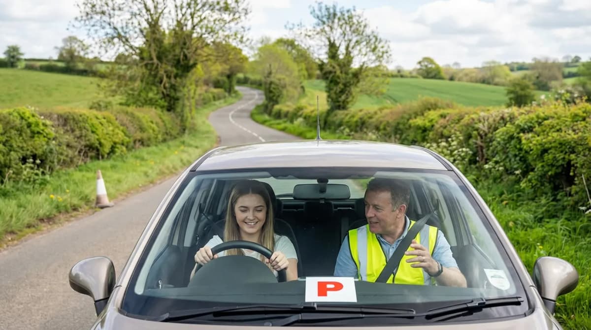 Jeune conducteur en formation post-permis avec un moniteur sur route