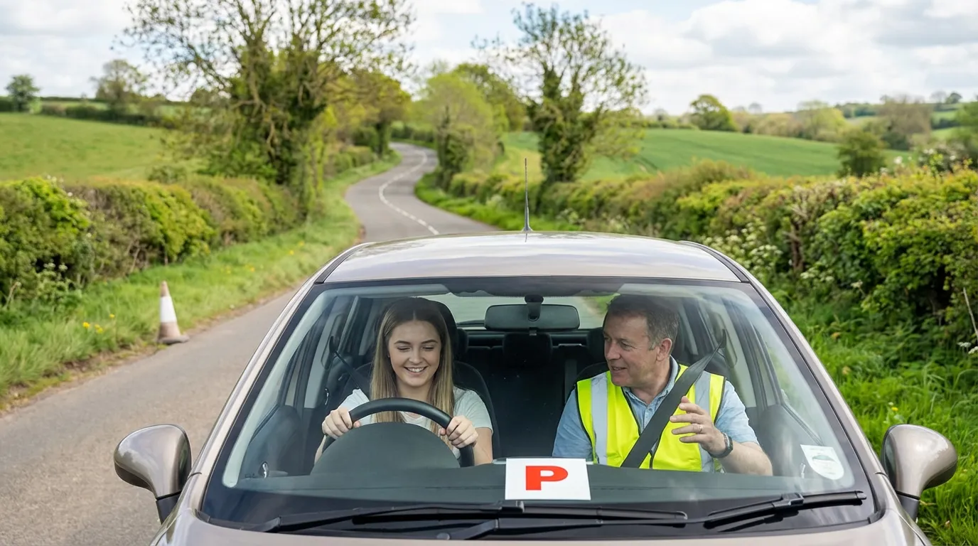 Jeune conducteur en formation post-permis avec un moniteur sur route