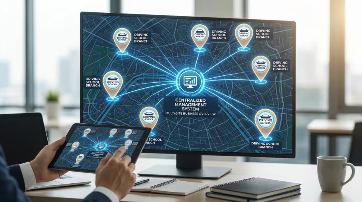 Carte avec plusieurs agences d'auto-école reliées par un système de gestion centralisé