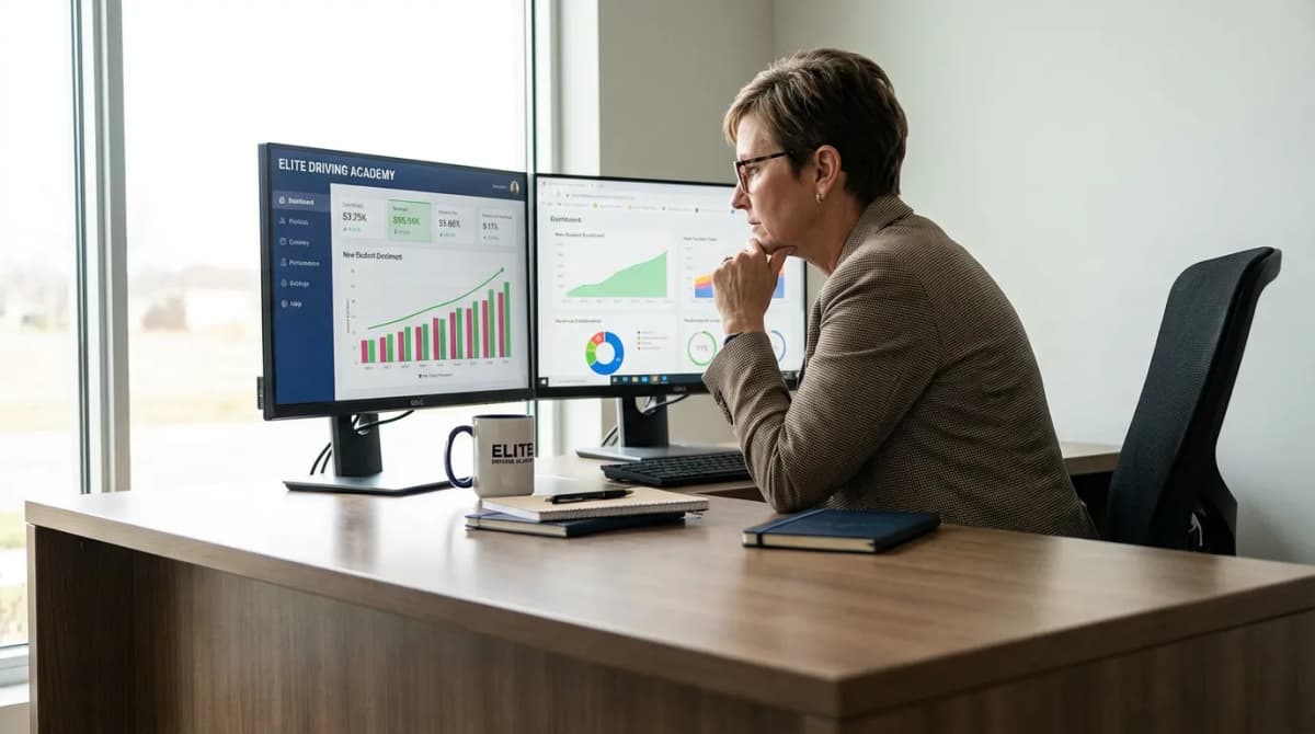 Dirigeant d'auto-école analysant ses résultats financiers sur un tableau de bord