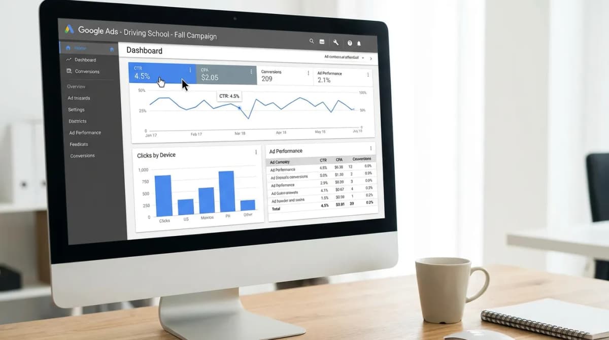 Écran Google Ads montrant une campagne publicitaire pour auto-école avec métriques