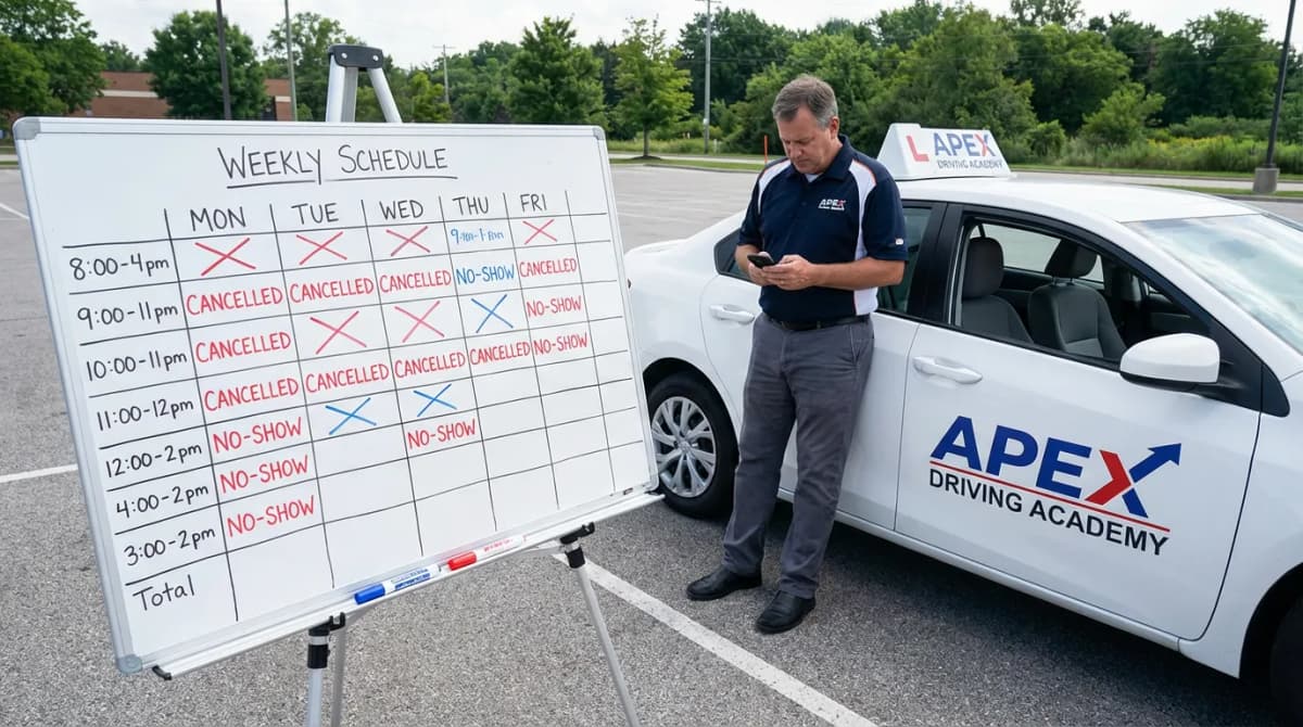 Planning d'auto-école avec des créneaux annulés en rouge et un moniteur attendant