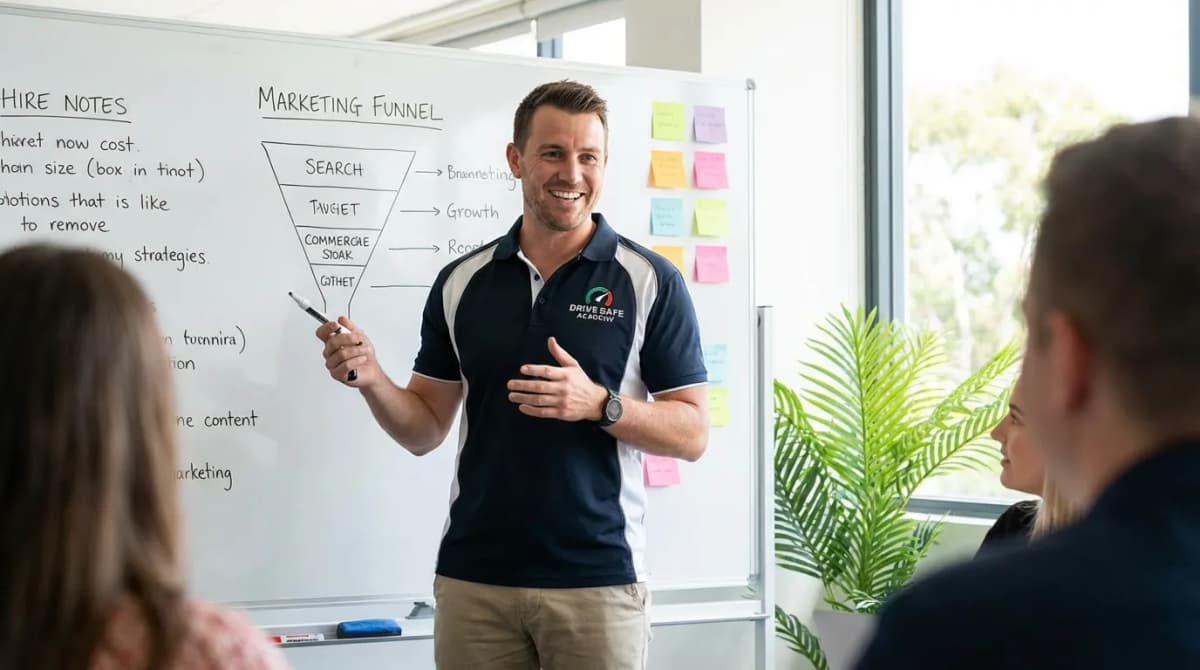 Gérant d'auto-école planifiant sa stratégie marketing sur un tableau blanc