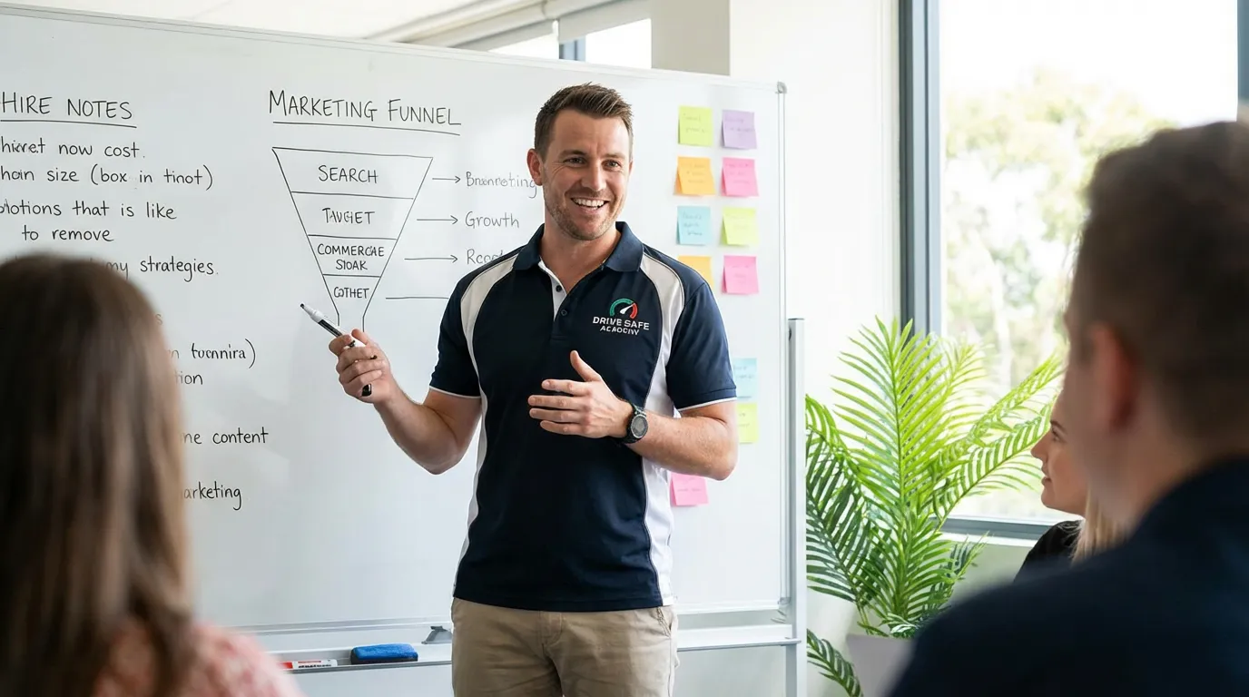 Gérant d'auto-école planifiant sa stratégie marketing sur un tableau blanc