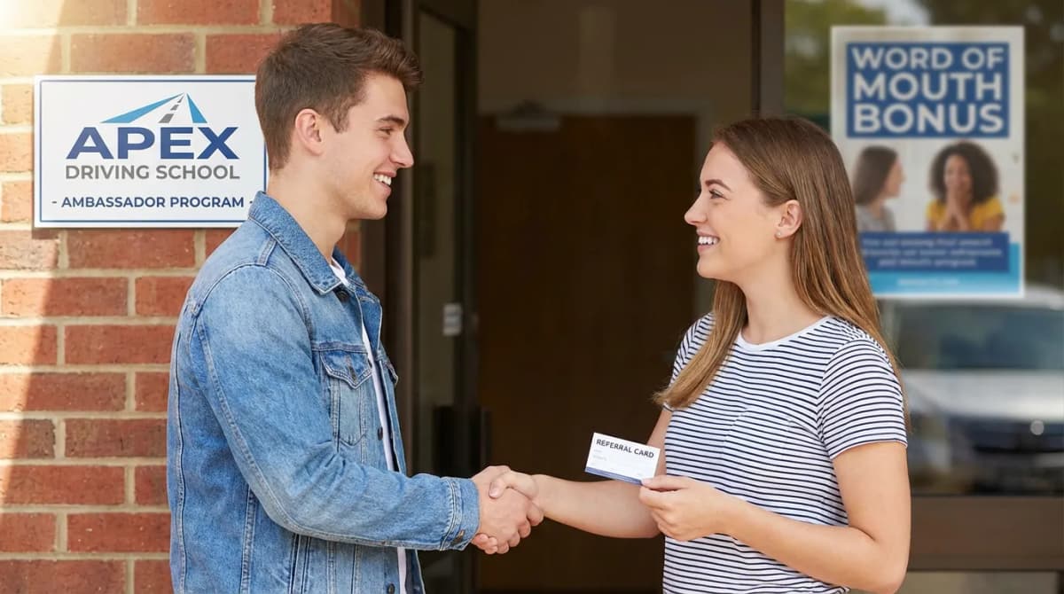 Deux jeunes se serrant la main devant une auto-école avec une carte de parrainage