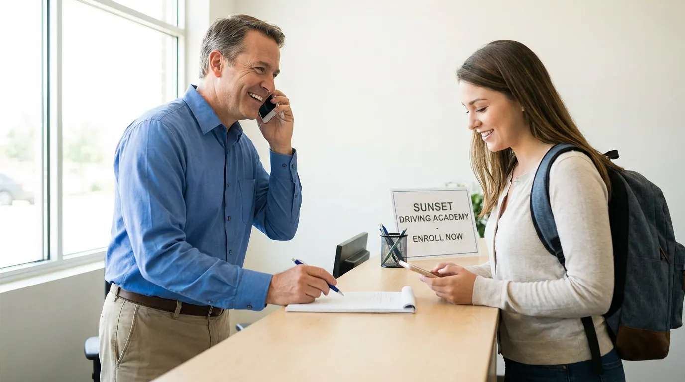 Gérant d'auto-école au téléphone avec un prospect, bloc-notes devant lui