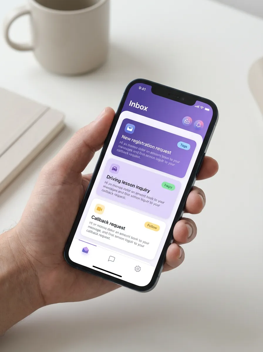 Boîte de réception triée sur smartphone : demandes d'inscription, leçons, rappels — tout classé automatiquement