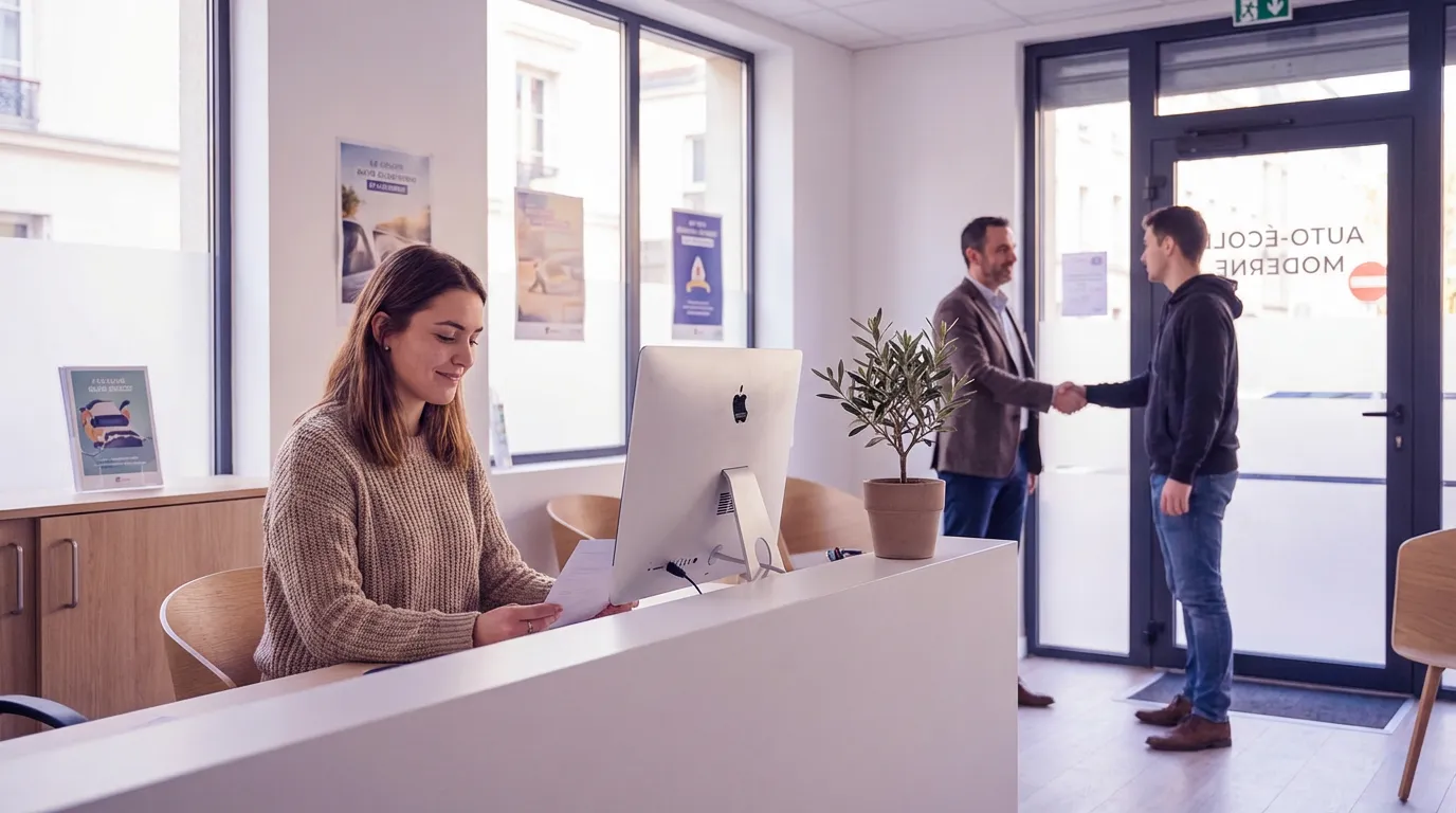 Accueil d'une auto-école moderne : secrétaire sereine à son poste, moniteur qui accueille un élève