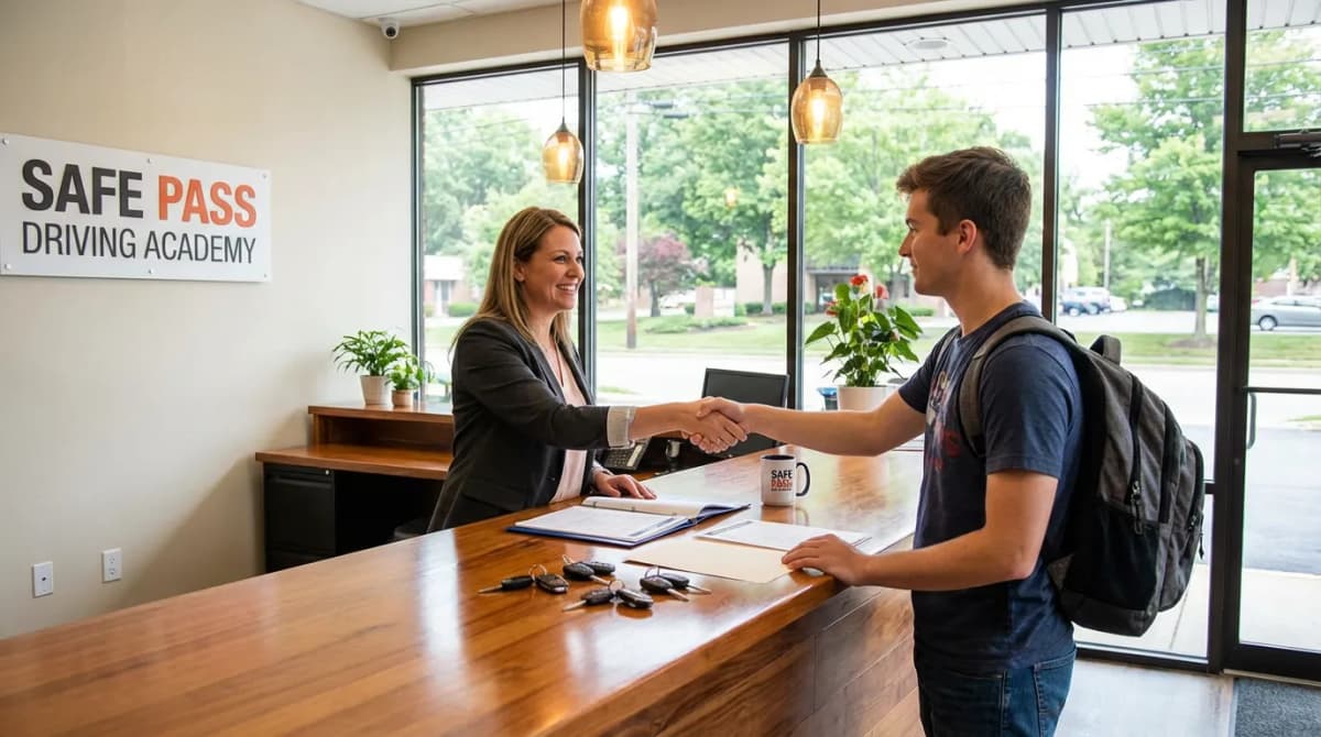 Secrétaire d'auto-école accueillant un candidat au comptoir avec le sourire