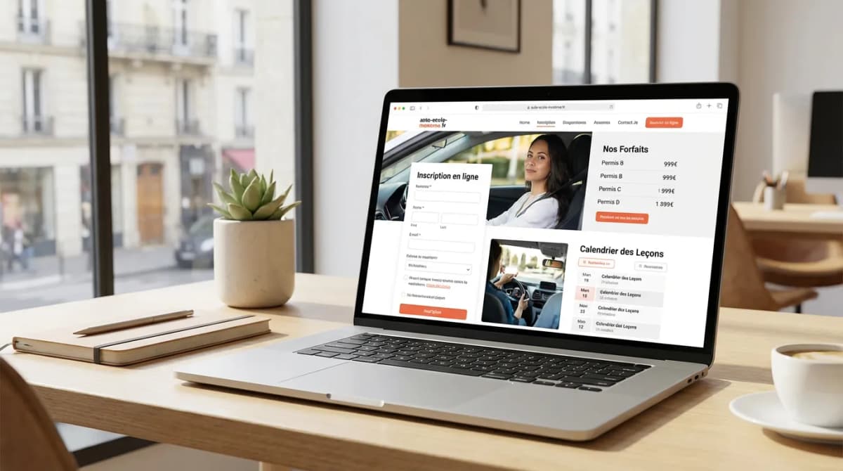 Site web d'auto-école moderne sur écran avec formulaire d'inscription en ligne