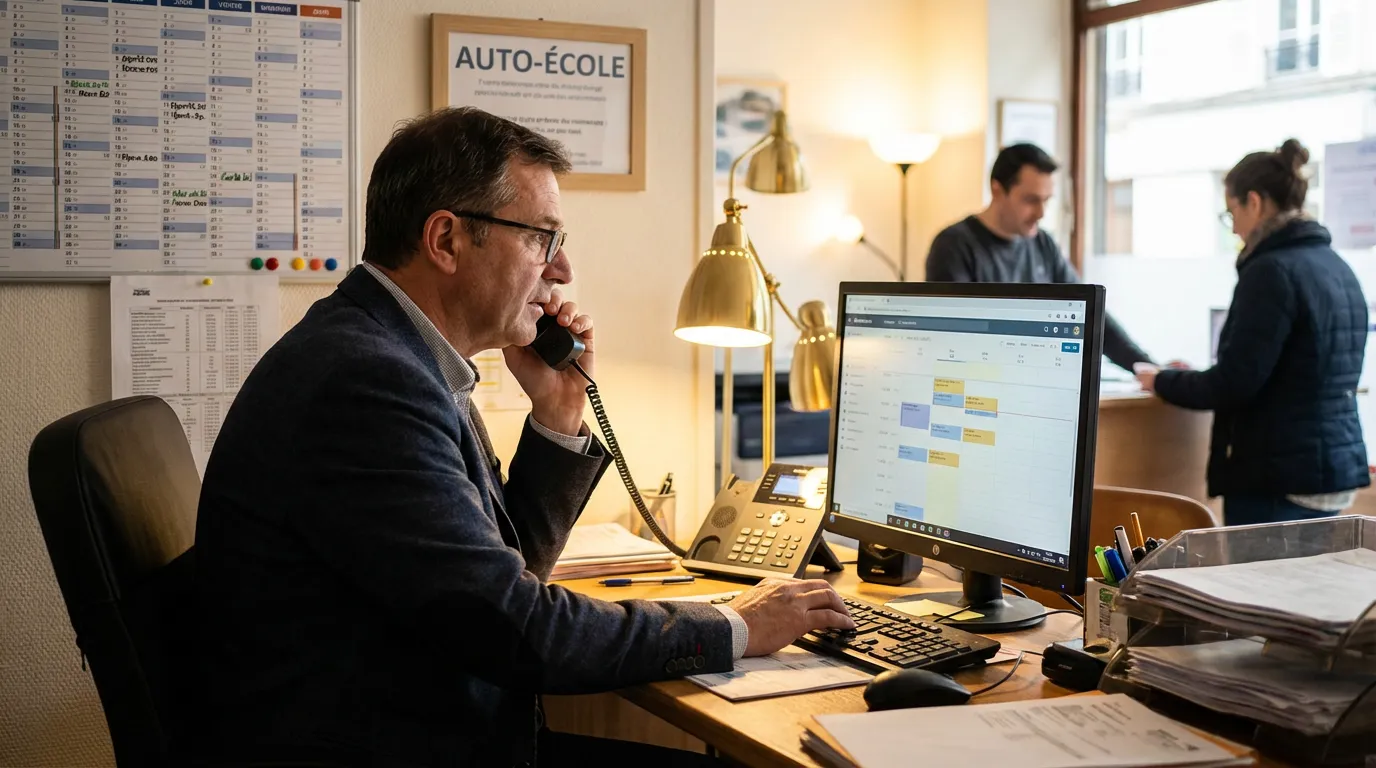 Gérant d'auto-école gérant des appels entrants avec système de téléphonie moderne
