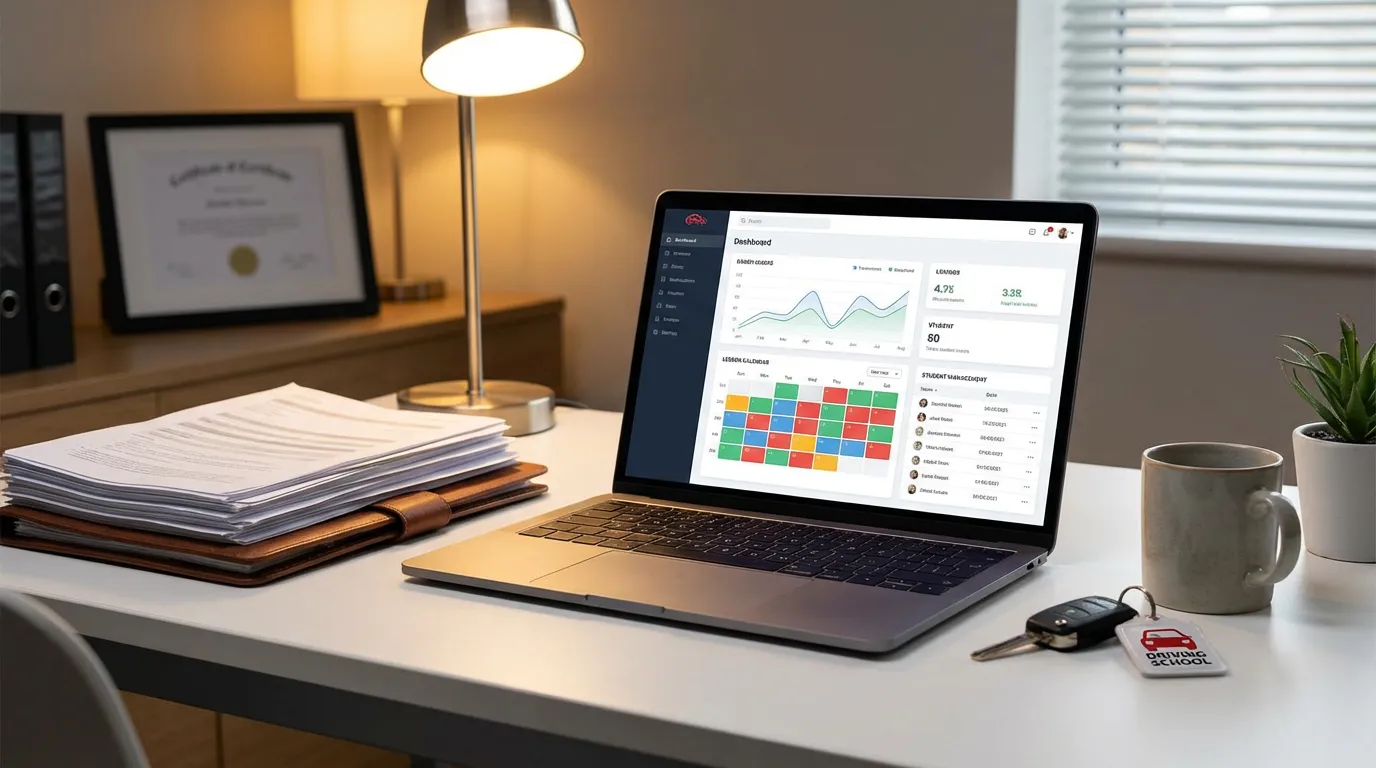 Écran d'ordinateur affichant un planning de leçons de conduite sur un logiciel de gestion moderne dans un bureau d'auto-école