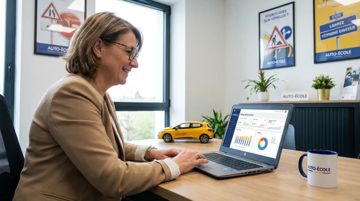 Gérant d'auto-école consultant sa stratégie réseaux sociaux sur un ordinateur portable