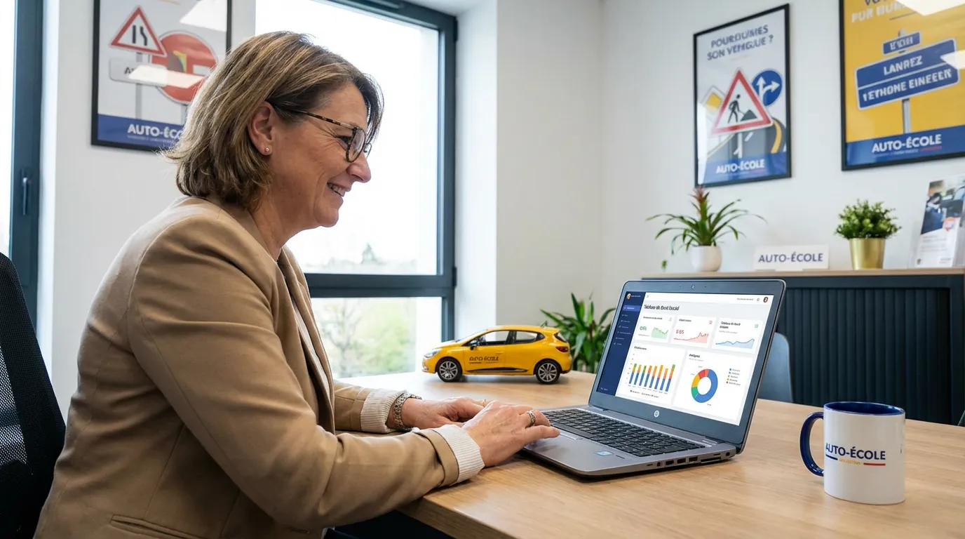 Gérant d'auto-école consultant sa stratégie réseaux sociaux sur un ordinateur portable