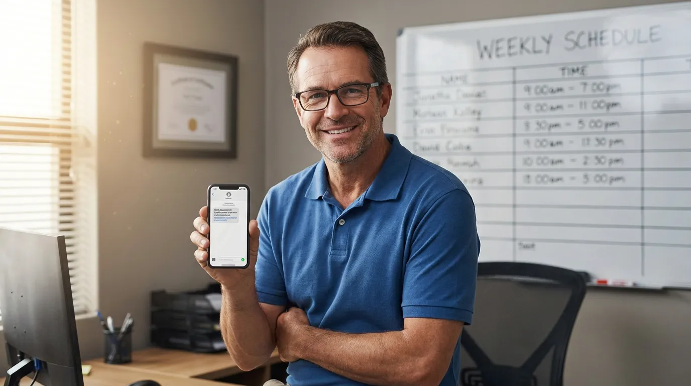 Gérant d'auto-école recevant des confirmations de rendez-vous par SMS sur son téléphone