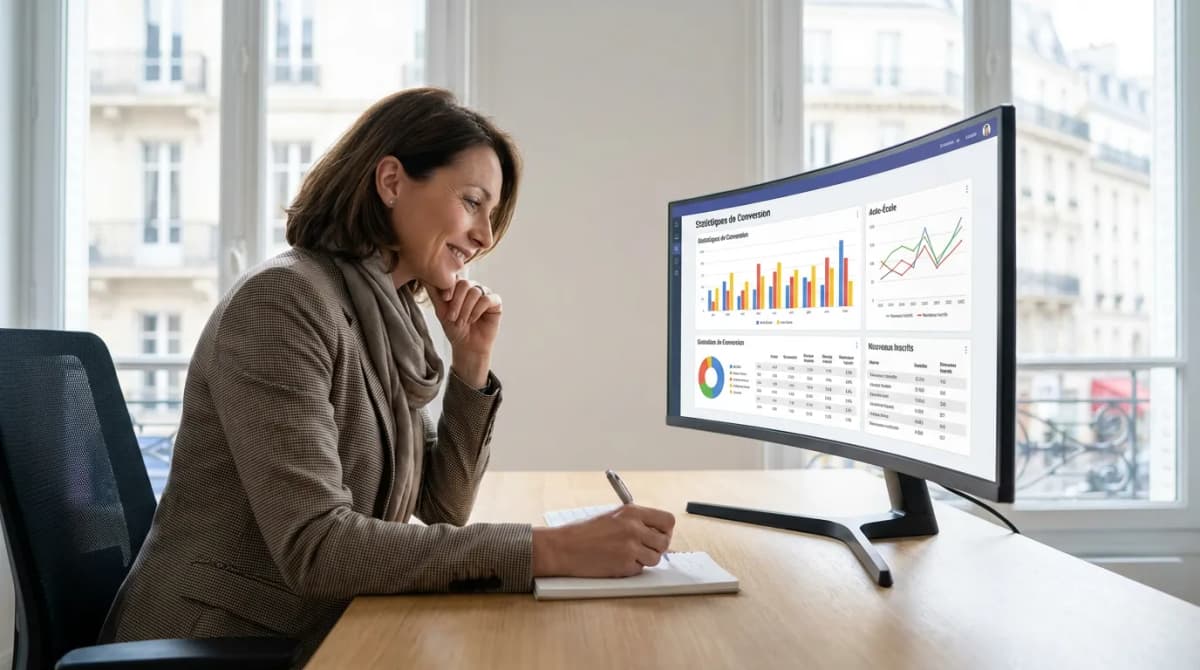Gérant d'auto-école analysant ses statistiques de conversion sur un écran