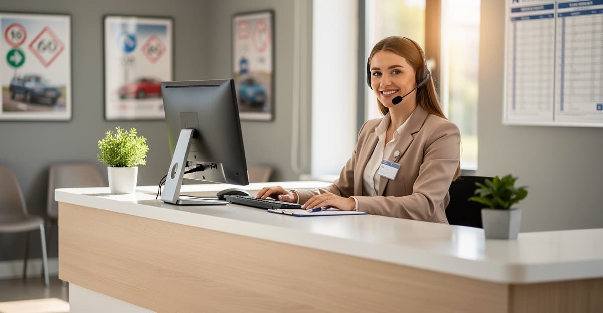 Accueil téléphonique auto-école : secrétaire avec casque professionnel à un bureau organisé et lumineux