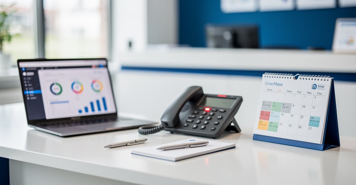 Tableau de bord et téléphone pour les appels manqués auto-école, avec planning de rendez-vous.