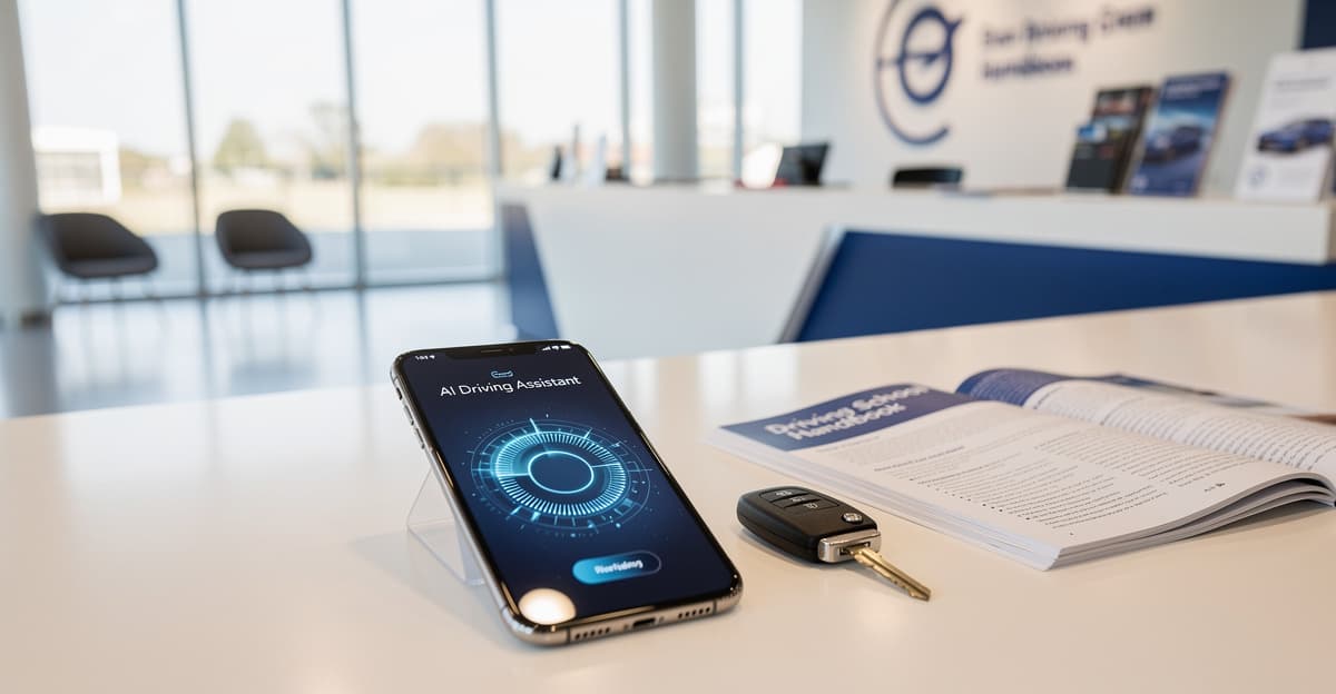 Assistant vocal auto école affiché sur smartphone posé sur un bureau d'accueil moderne d'auto-école