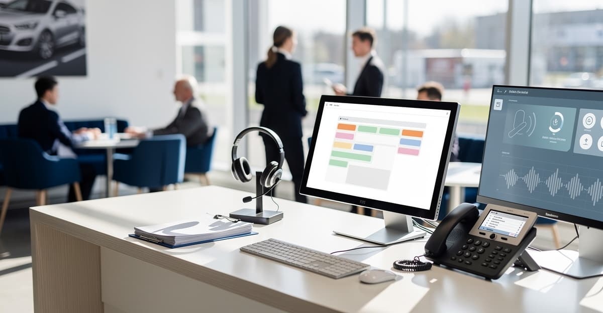 Bureau d’auto-école moderne avec poste téléphonique et interface d’assistant vocal auto école