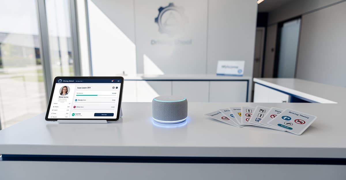 Assistant vocal IA auto-école posé sur un bureau de réception moderne avec tablette de suivi élève