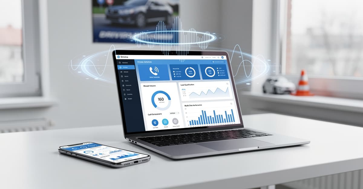 Tableau de bord d’assistant vocal IA pour auto-école avec appels, leads et indicateurs de performance