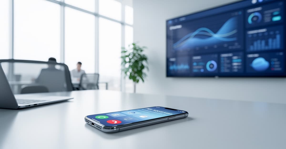 Interface d’assistant vocal IA sur smartphone et écran d’ordinateur en bureau moderne, avec gestion d’appels et rendez-vous.