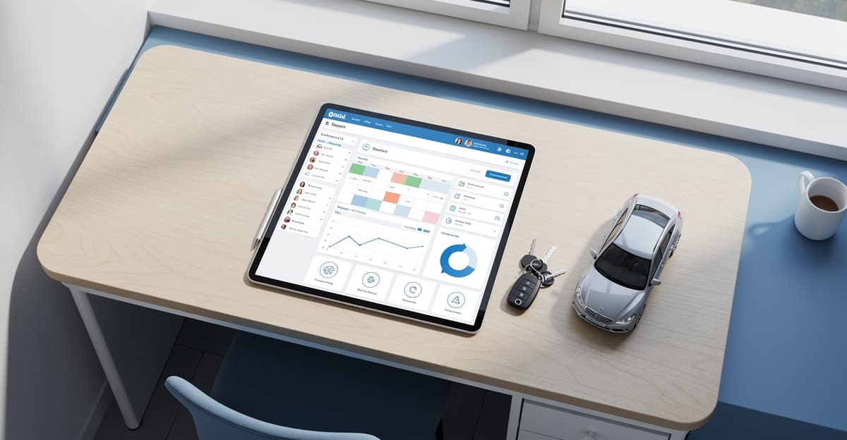 Espace de travail digitalisé illustrant l'automatisation en auto-école avec tableau de bord numérique