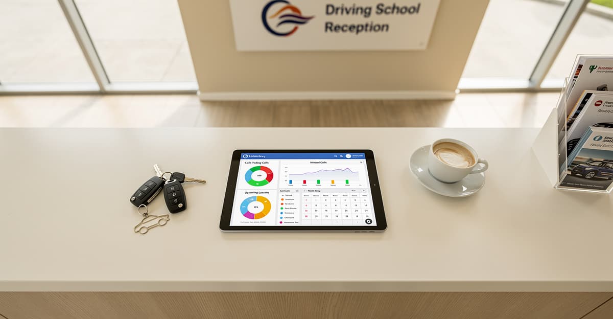 Tableau de bord d'automatisation secrétariat auto-école sur tablette posée sur un bureau d'accueil moderne
