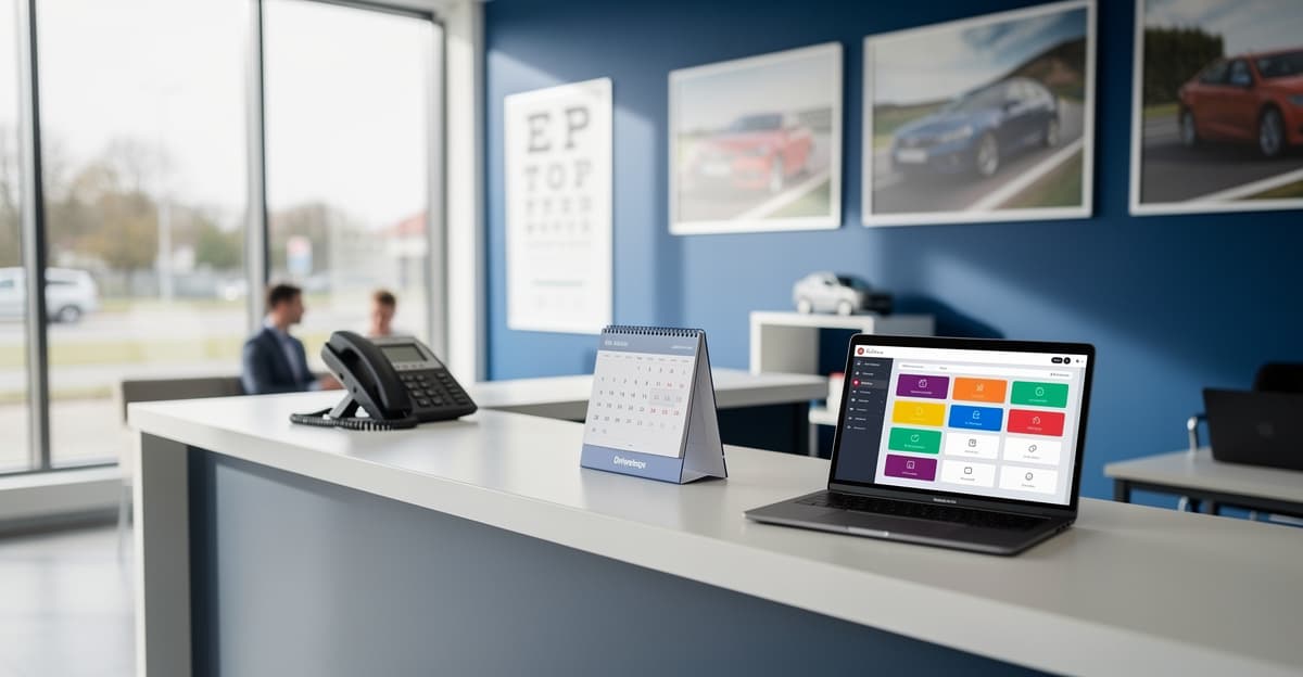 Automatisation secrétariat téléphonique auto-école illustrée dans un bureau moderne avec téléphone et planning