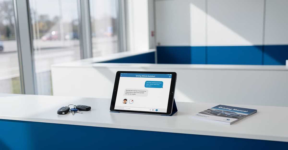 Chatbot auto-école affiché sur une tablette posée sur un comptoir d'accueil moderne avec clés de voiture