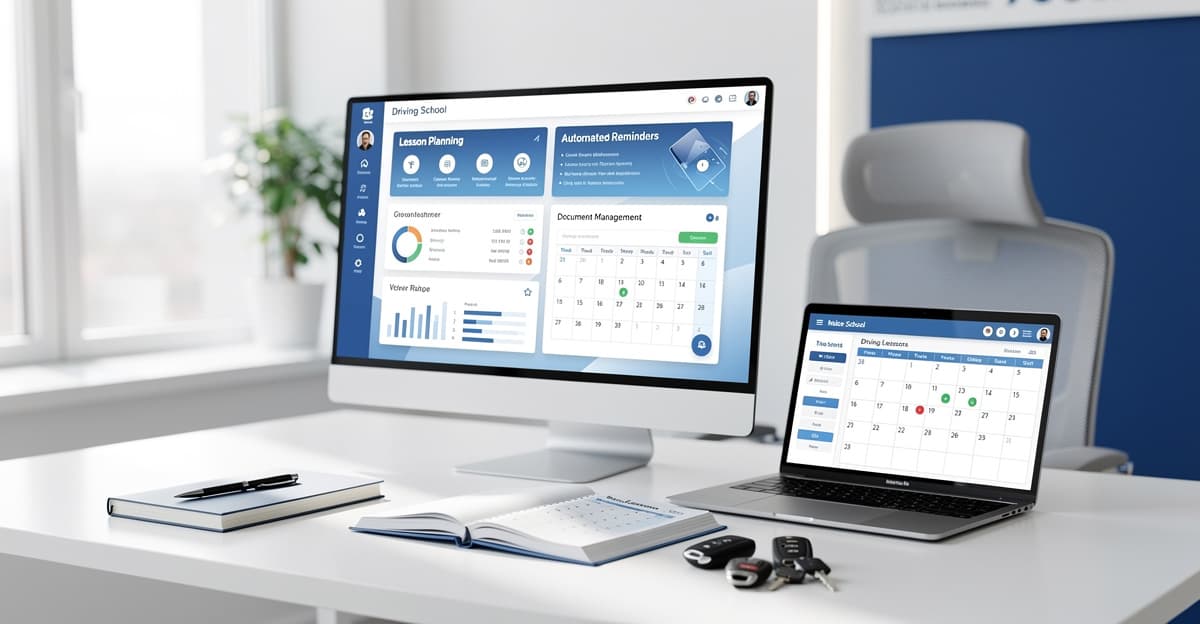 Dashboard d’ia auto école avec planning, relances et dossiers administratifs sur un bureau moderne