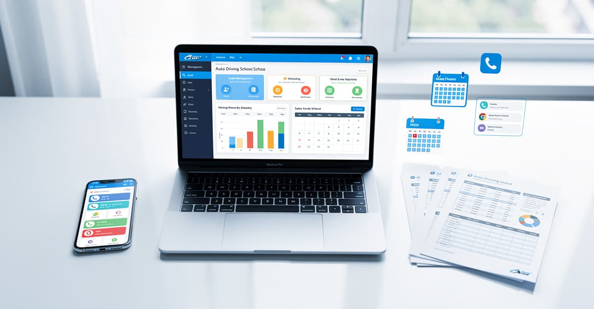 Tableau de bord de logiciel crm pour auto-école avec planning, appels et suivi des prospects