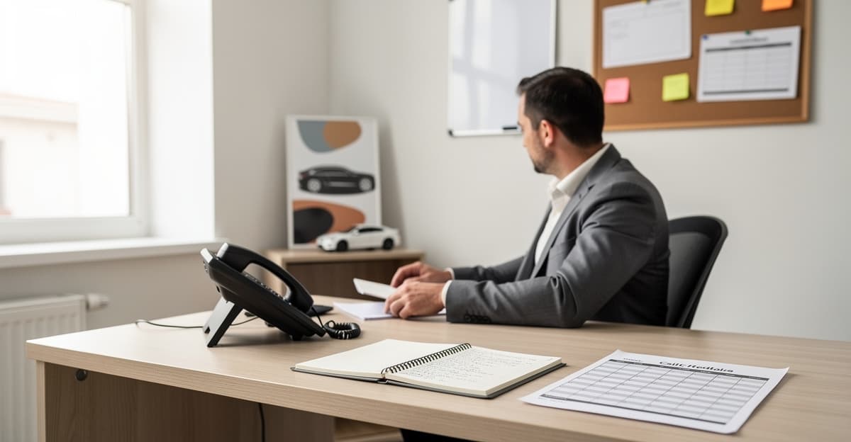 Gérant d’auto-école organisant les appels pour qualifier prospect dans un bureau simple et lumineux.
